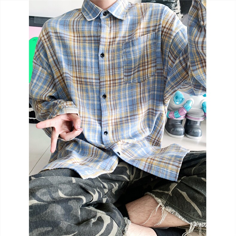 现货~格子大码长袖衬衫C5887/特P20黄色,男装衬衫,电商A094