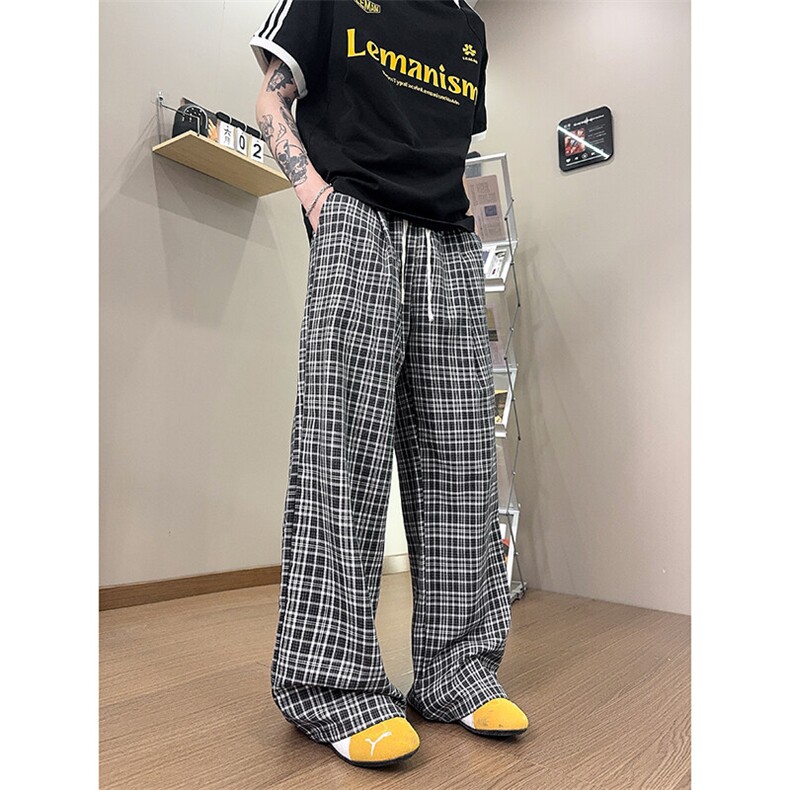 XK468-P35灰色格子裤男夏季薄款慵懒松弛感美式休闲阔腿直筒裤,男装休闲裤,电商A178