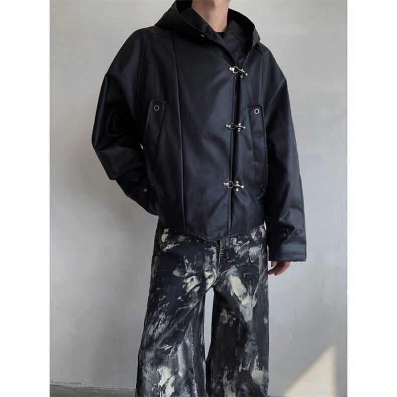 24秋冬仿风男士设计感飞机扣皮夹克连帽外套JK70-P138图片
