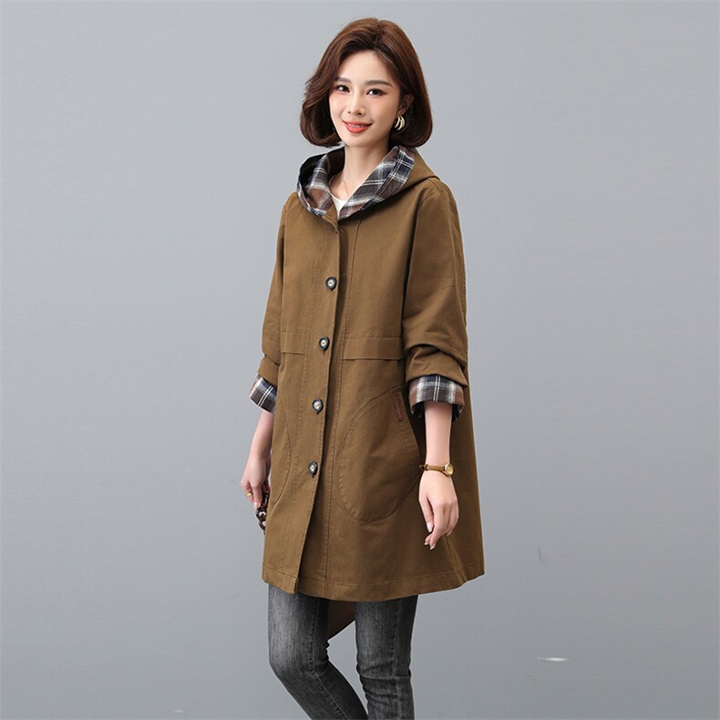 纯棉连帽风衣女中长款2025春秋新款中年妈妈休闲宽松大码洋气外套,女装风衣,秋牧寒烟