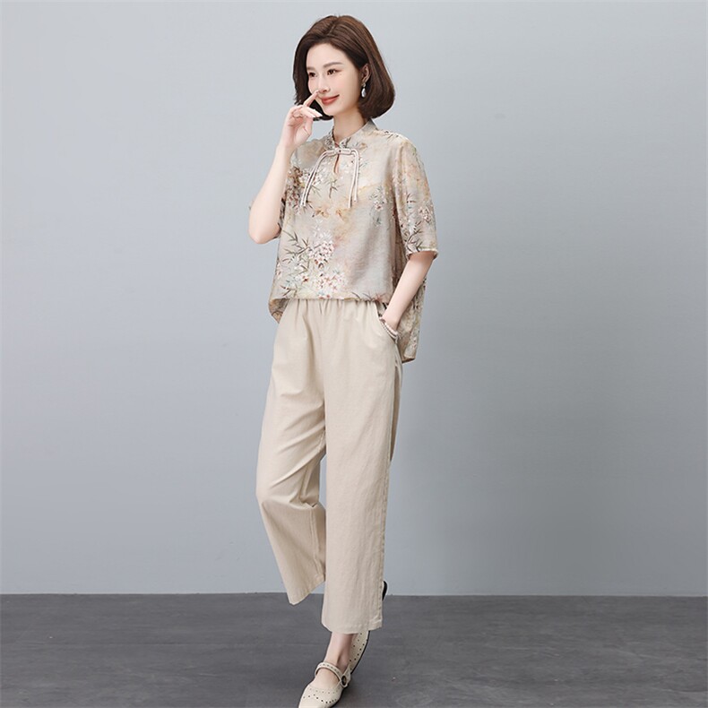 新中式国风棉麻套装女2025夏装新款时尚中年妈妈阔腿裤亚麻两件套,女装套装/套裙,依恋蒂丝