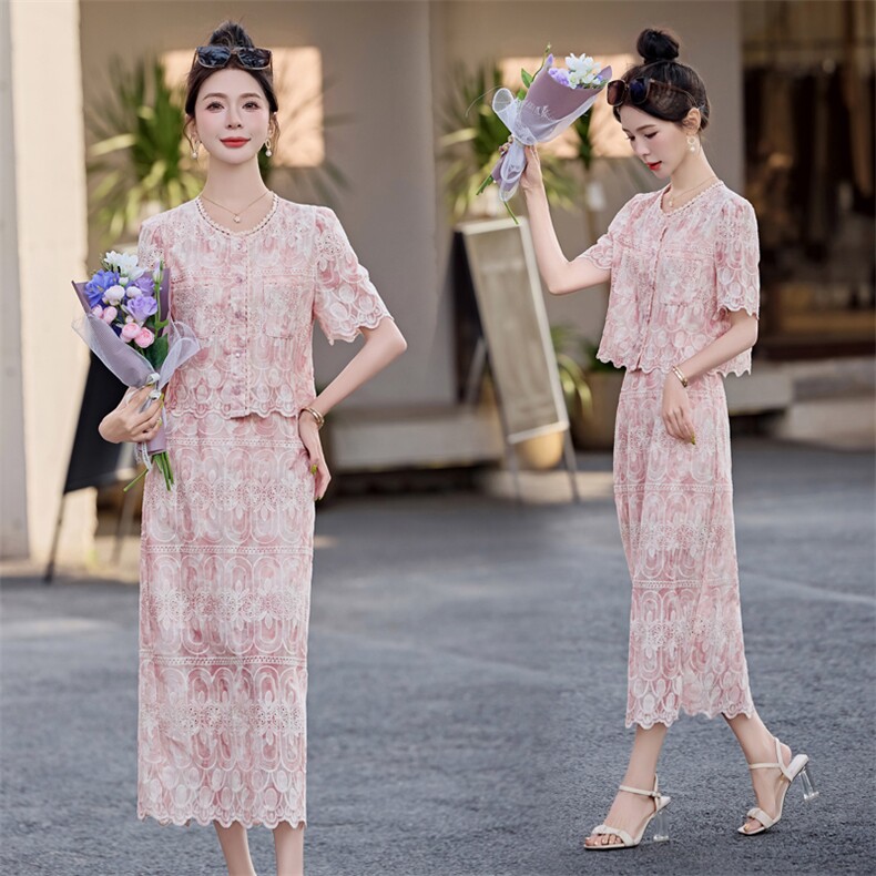 浅黄色蕾丝小香风上衣半身裙两件套女2025夏季名媛刺绣连衣裙套装,女装套装/套裙,雅静靓衣