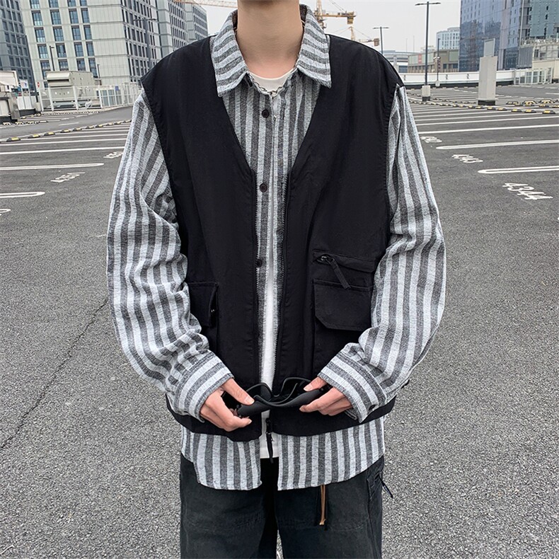 高品质夏款男假两件衬衫工装大口袋拉链马甲外套CS042P60,男装衬衫,星座1013-1