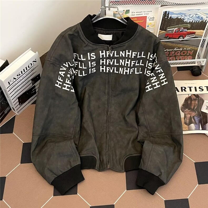 棒球服外套男2026秋季新款美式高街字母皮衣痞帅夹克 W679-P75图片
