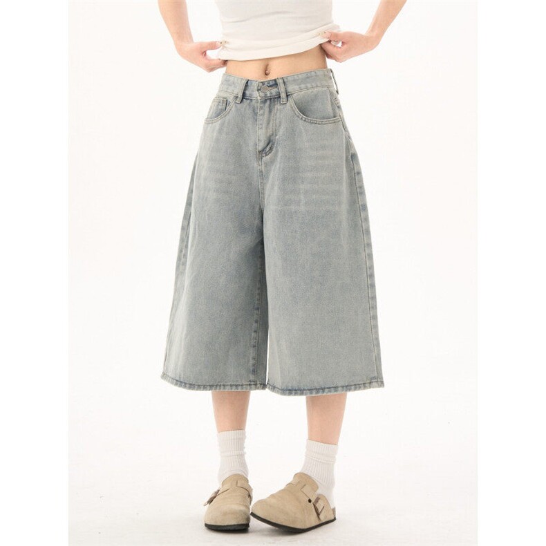 2219-P45高街直筒七分牛仔裤夏季新款小众设计感宽松阔腿裤，女装牛仔裤，电商A306A