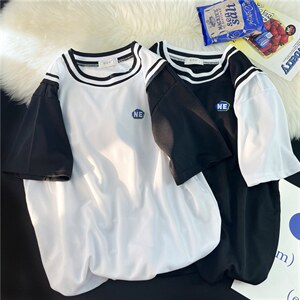 2023夏季新款韩版百搭T恤衫宽松假两件篮球服撞色上衣 T1121-P18图片