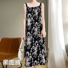 轻奢宽松长裙印花吊带女款夏季缎料无袖气质时尚外穿连衣裙潮，女装连衣裙，思沃羊绒