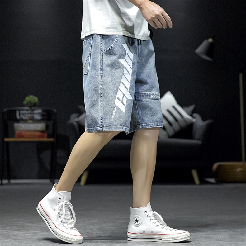 2021夏季新日系大码男沙发墙个性字母印花拼接牛仔短裤ND8126-P45,男装牛仔裤,电商A001