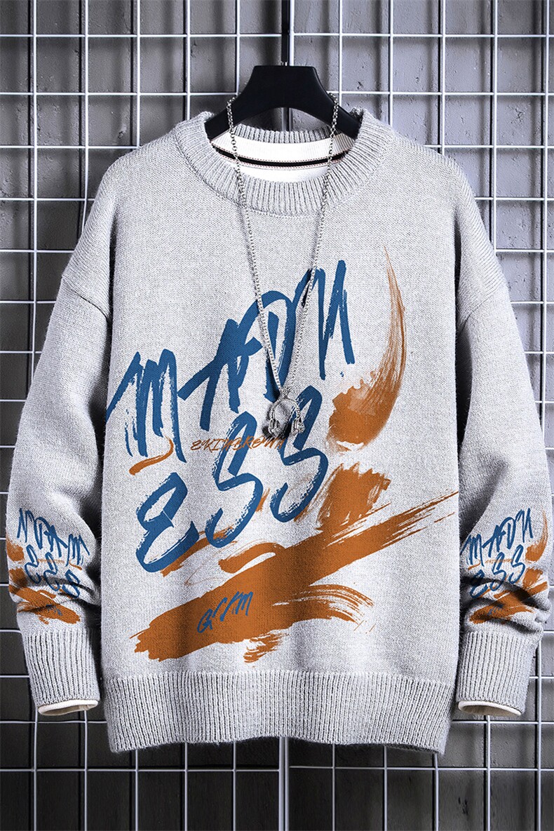 1日系圆领宽松中性情侣潮流大码M-5XL印花毛衣男7922P55加绒P70,男装针织衫/毛衣,星座226-2