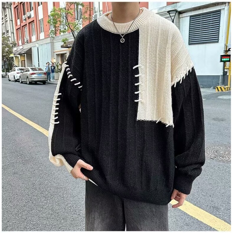 MM174-P52潮牌宽松韩版慵懒风拼接毛衣休闲套头针织衫,针织衫/毛衣,星座617A-2