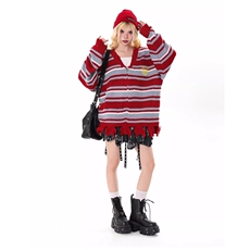秋冬季新款美式复古条纹破坏感针织衫男女宽松休闲情侣开衫毛衣潮，男装针织衫/毛衣，星座516A