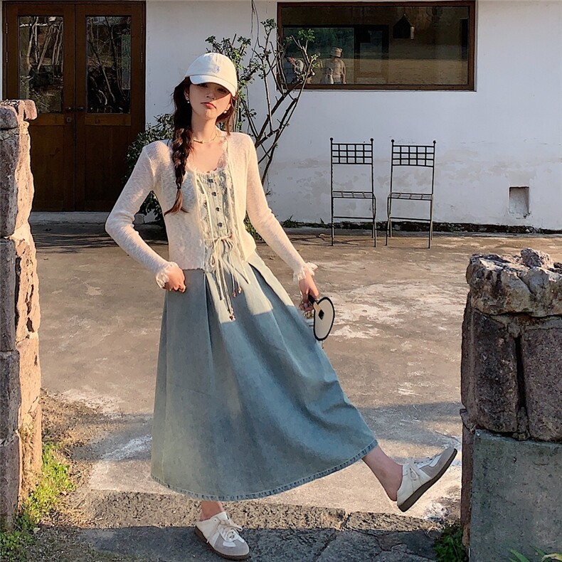 牛仔连衣裙套装女2025夏季新款法式复古开衫上衣显瘦吊带裙两件套,女装连衣裙,2C218