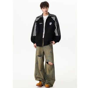 港风秋款男卫衣开衫三条杠条纹撞色印花运动夹克外套WY0052 P45图片