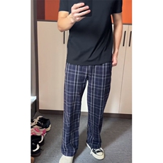美式复古蓝色格子裤男款夏季垂感高级感设计感裤子慵懒休闲直筒裤，男装休闲裤，星座601-1