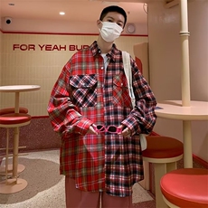 美式拼接格子衬衫男ins潮牌高街设计感宽松情侣长袖衬衣CS406-P40，男装衬衫，星座1008-1