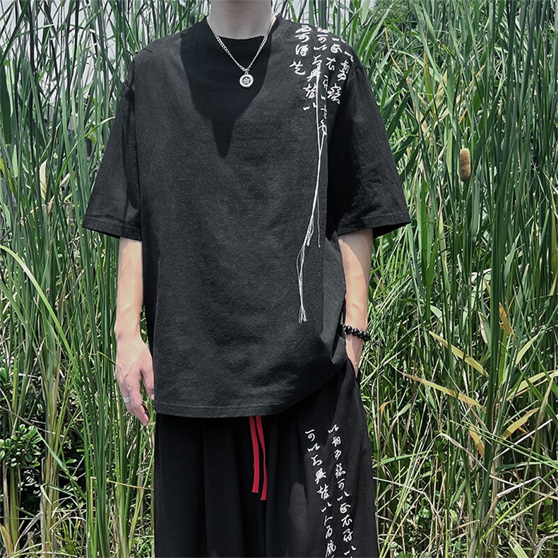 现货新中式书法刺绣流苏圆领棉麻T恤A021-T062-P35,男装T恤,电商A021