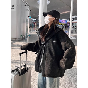 美式流行两面穿时尚双拼羊羔毛秋冬季韩版男女情侣棉服外套百搭潮图片
