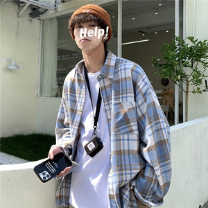 绿色磨毛 格子衬衫男外套宽松港风情侣装长袖衬衣DJ6118P55图片