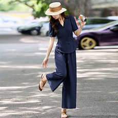 高级感时尚套装女2025夏季新款气质收腰显瘦短袖衬衫阔腿裤两件套，女装套装/套裙，姿衣坊