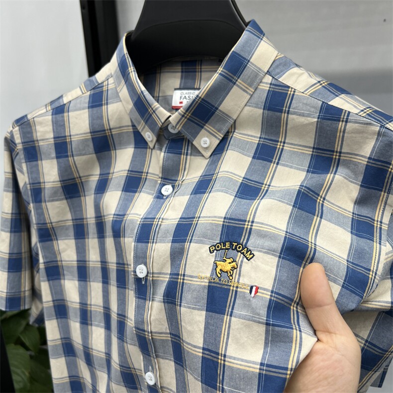 纯棉格子短袖衬衫男薄款上衣夏季中年男士休闲宽松半袖衬衣爸爸装,男装T恤,电商B212（原钱塘6029）