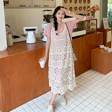 蕾丝镂空吊带连衣裙套装女2025夏季新款网红爆款粉色T恤裙两件套，女装套装/套裙，2C272