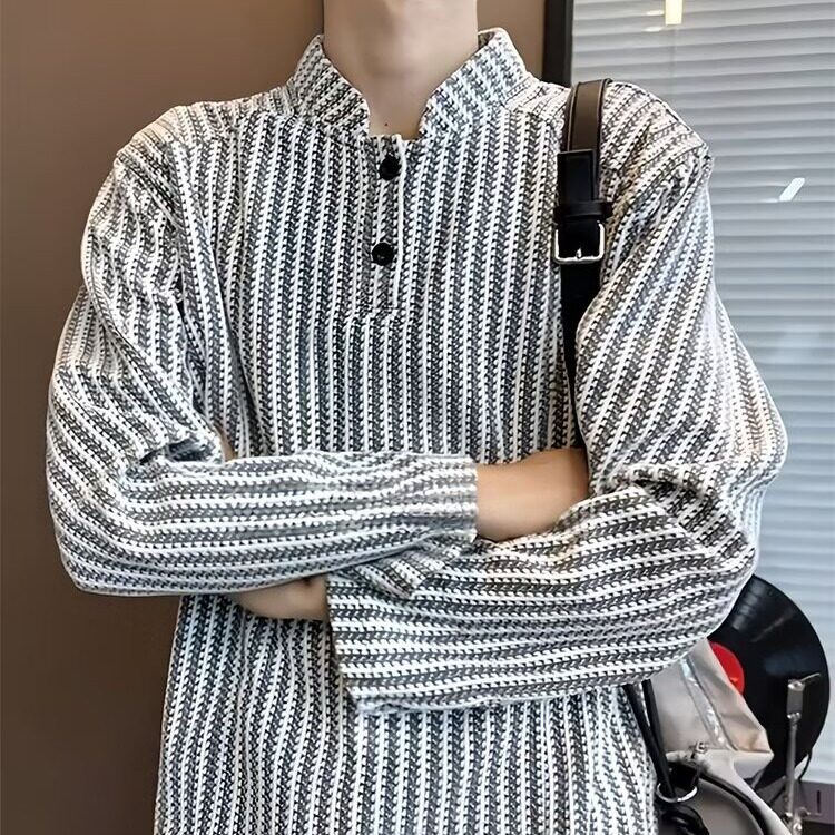 2815-P38 小香风鱼骨纹亨利领长袖t恤男士2025秋季肌理感正肩图片