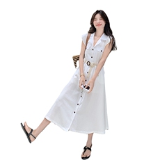 白色绝美气质小个子高级感连衣裙女2025年夏季新款收腰无袖衬衫裙，女装连衣裙，2C133