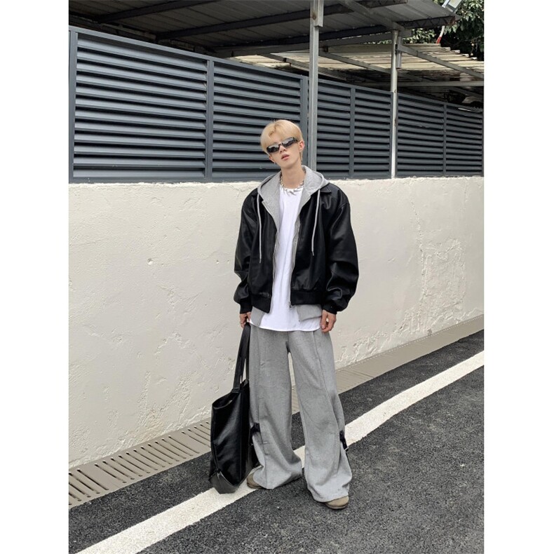 PY10-P105  春秋美式假两件皮衣外套男女宽松连帽皮夹克图片