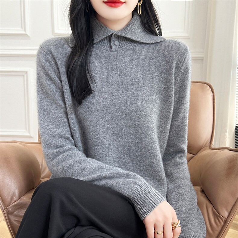 羊毛衫女宽松秋冬新款翻领显瘦毛衣套头套头打底针织衫,女装羊毛衫,哲奥羊绒