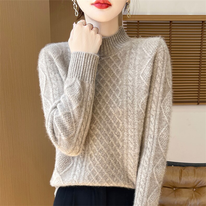 100%纯羊毛衫女士半高领菱形扭花加厚针织毛衣宽松保暖羊绒衫上衣,女装羊毛衫,秋虹羊绒
