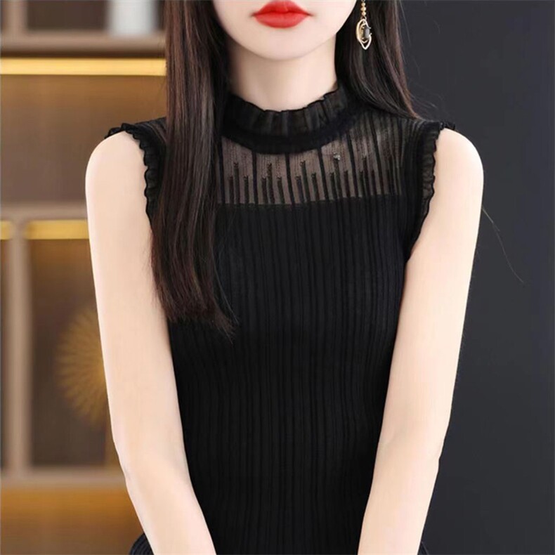 时尚女装无袖蕾丝拼接仿羊毛针织衫显瘦修身百搭上衣,针织衫/毛衣,桦兴羊绒