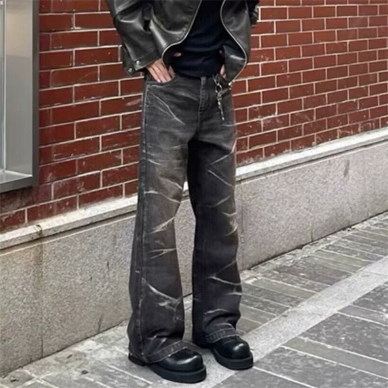 潮牌小众复古设计感不规则条纹牛仔裤男女宽松阔腿微喇长裤图片