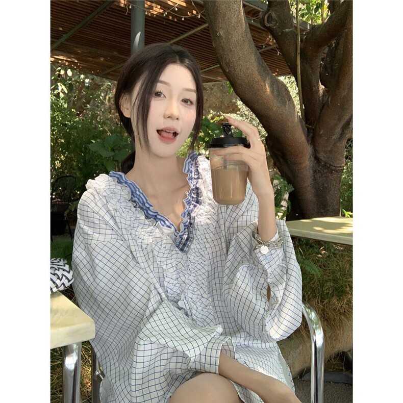 D726-P55法式层叠木耳边领格子衬衫春夏设计感独特绝美长袖上衣,男装衬衫,星座911