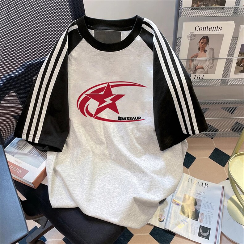 夏季美式高街重磅纯棉三条杠织带插肩撞色男女短袖T恤CZ28-特P25,男装T恤,电商A486