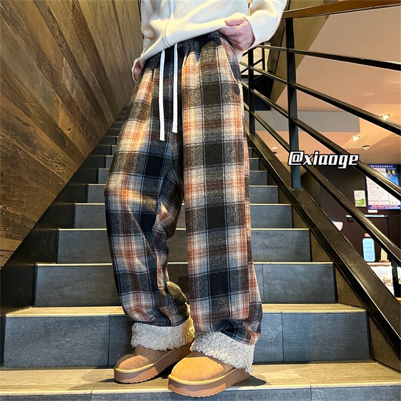 XZ616秋冬重磅加绒格子条纹拼接羊羔绒休闲长裤TY1170P65控88,男装休闲裤,星座512A（原616）