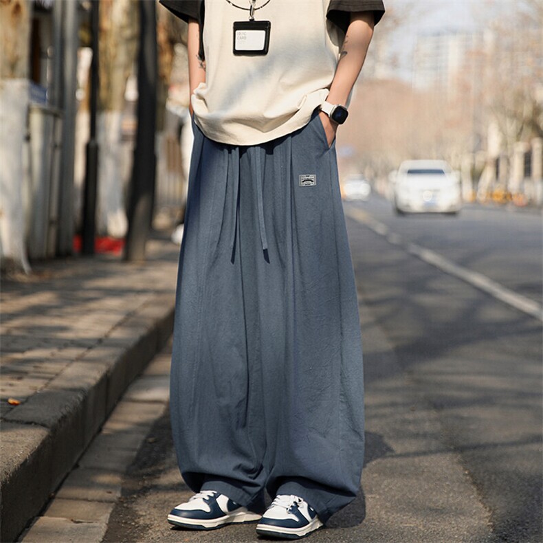 特批P40无差价25夏季薄款麻料贴标宽松美式复古拖地弯刀裤男K5965，男装休闲套装，电商A001