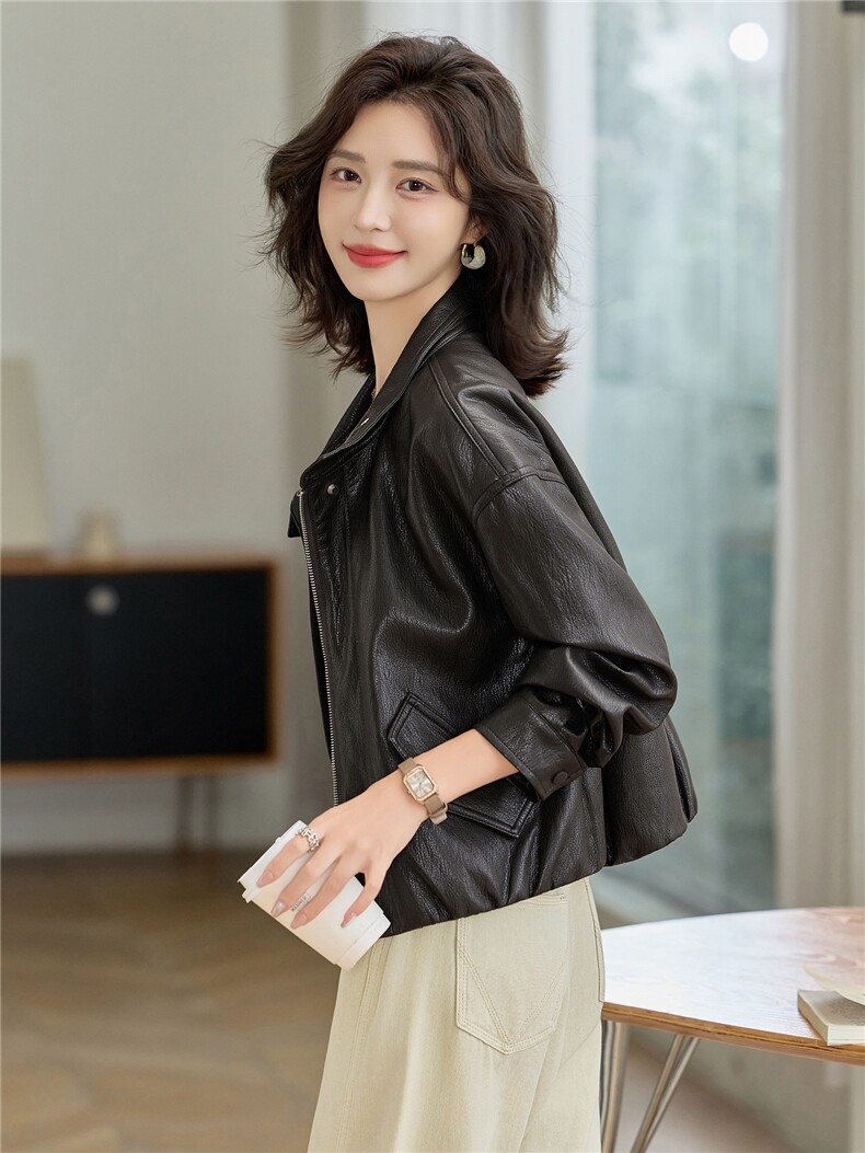 时尚港风立领短款皮衣外套女2025秋季新款宽松洋气小个子机车夹克,女装皮衣,魅衣本色