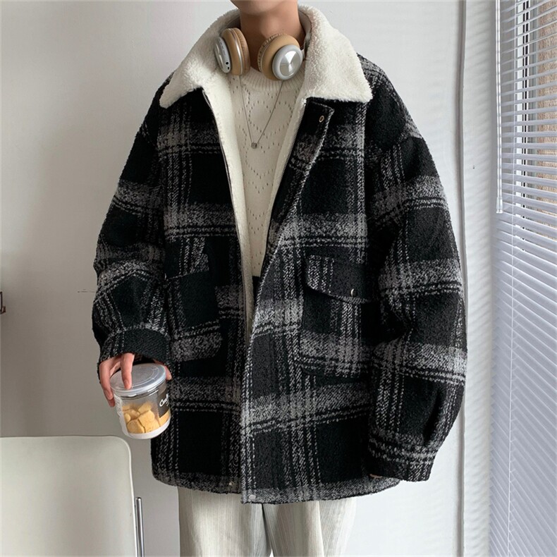 毛呢羊羔绒外套秋冬格子加绒加厚棉服美式高街外套A170-M809-P128图片