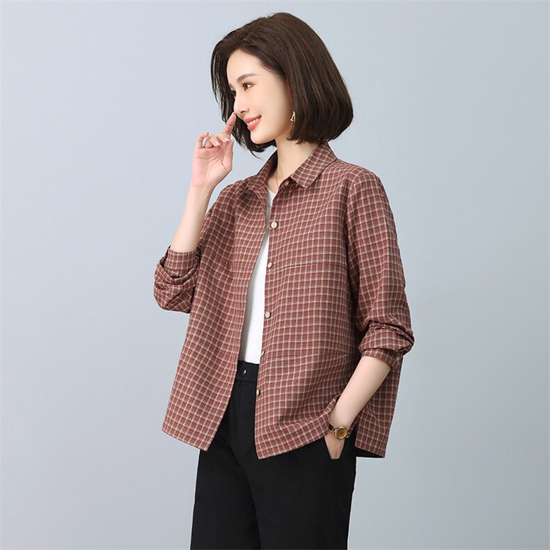 纯棉格子衬衫女春秋薄款2025年新款宽松长袖衬衣时尚休闲外穿上衣,女装衬衫,独衣靓