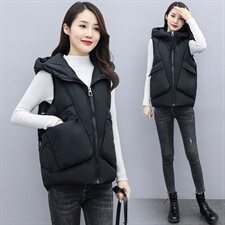 2020冬季拉链无袖直筒纯色连帽休闲口袋装饰棉马甲，女装棉衣/棉服，微微衣阁