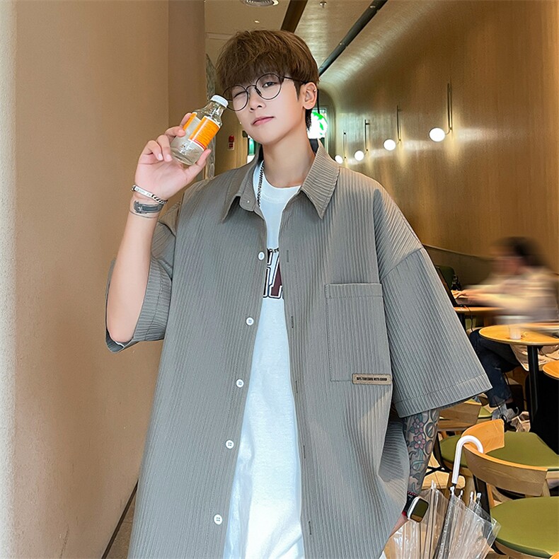特批P33无差价夏季竖条纹肌理感半袖青少年潮牌五分袖衬衫男CD871,男装衬衫,电商A001-1