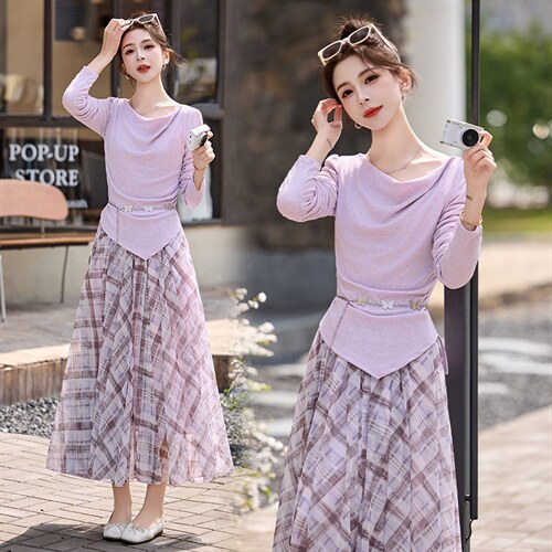 现货现货网纱格子半身裙女收腰2026春装新款超火穿搭一整套裙，女装套装/套裙，伊仟回