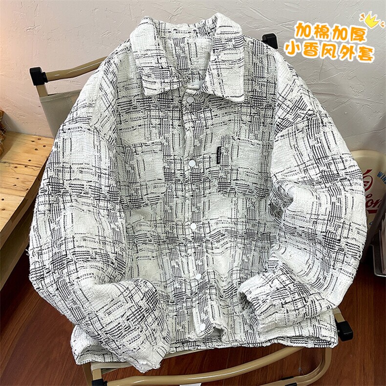 冬美式百搭加棉加厚棉服男情侣小香风格子保暖外套J595J加棉-P95图片