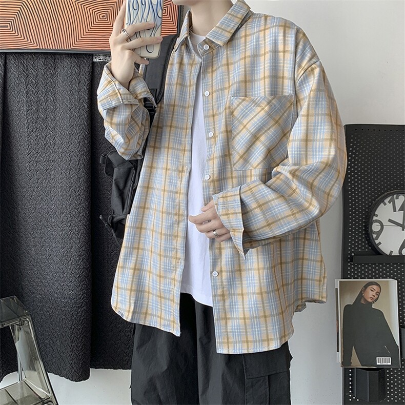 秋装 港风ins长袖格子衬衫学生衬衣百搭外套男女潮韩版 H210/P45图片
