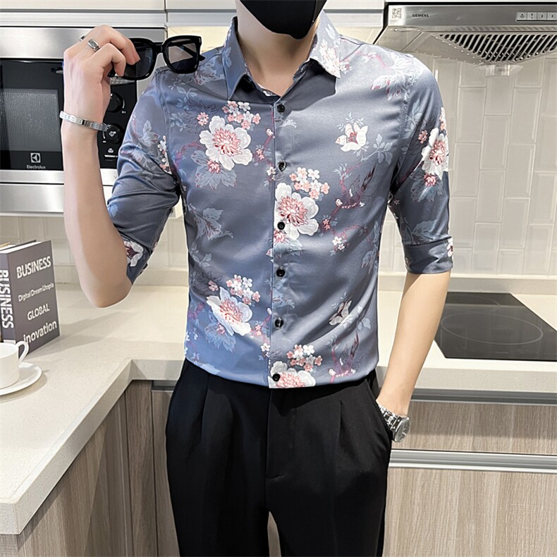 夏季男士七分袖印花衬衫男休闲修身条纹衬衣A236-8811-P55,男装衬衫,电商A236