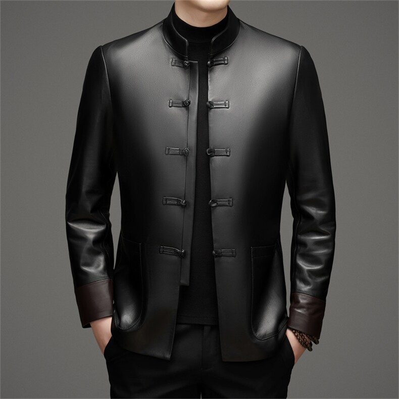 高端中年风唐装立领绵羊皮皮衣外套男唐装中老年复古皮衣夹克，男装夹克，钱塘723
