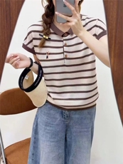 夏季新款针织短袖女撞色条纹Polo领刺绣针织衫，女装针织衫/毛衣，沐策羊绒
