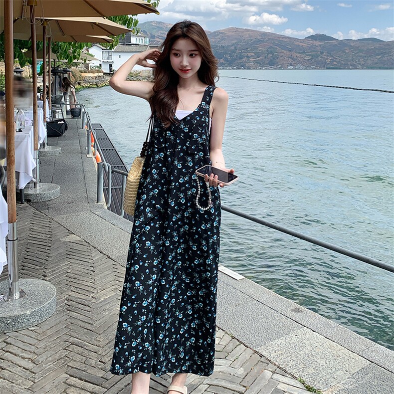 海边度假碎花背带裤女2025夏季新款韩系慵懒风宽松显瘦阔腿连体裤,女装连体裤,浙宝276（原081）