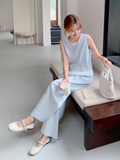 蓝色温柔系穿搭木耳边背心上衣套装女夏新款显瘦轻薄阔腿裤两件套，女装套装/套裙，慧尚2-185