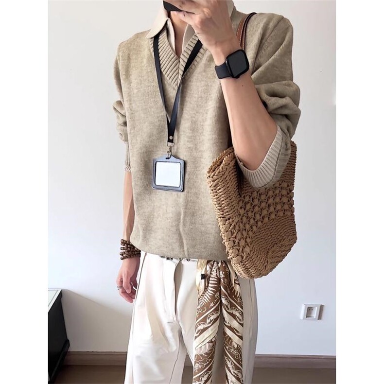 重磅北极绒假两件衬衫领毛衣美式高街复古休闲慵懒纯色翻领针织衫,男装针织衫/毛衣,电商A486